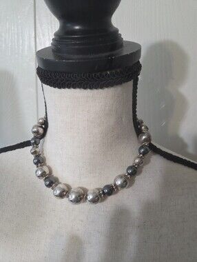 vtg 950 pure silver round beaded ball hematite necklace 14in 48.45g artisan made